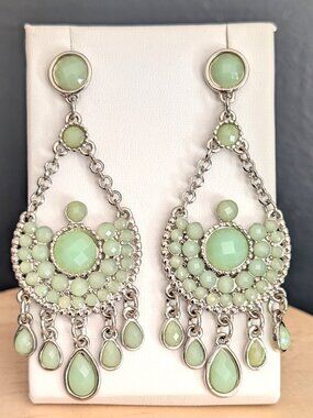 Green bead and silver tone metal chandelier earrings
